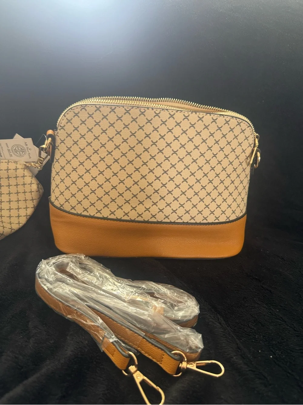 Women's Tan & Cream Crossbody Bag with Patterned Print vegan leather